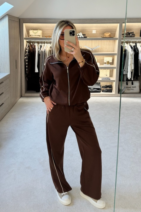 Lauren chocolate contrast piping zip jacket & trouser loungewear