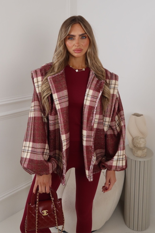 SABRYNA BURGUNDY CHECKED BALLON SLEEVED JACKET