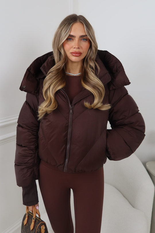 MIA CHOCOLATE CROPPED PUFFER JACKET WITH DETACHABLE HOOD