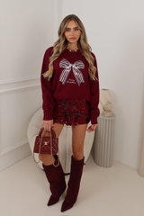 CHRISTMAS BOW BURGUNDY PRINTED SWEATER