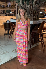 Poppy pink cowel halterneck top & maxi skirt co ord
