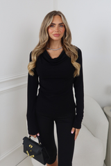 SKYE BLACK DRAPED NECK LONG SLEEVE TOP