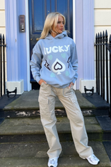 Lucky baby blue printed relaxed hoodie