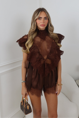 MARINA CHOCOLATE LACE SLEEVELESS CROPPED TOP