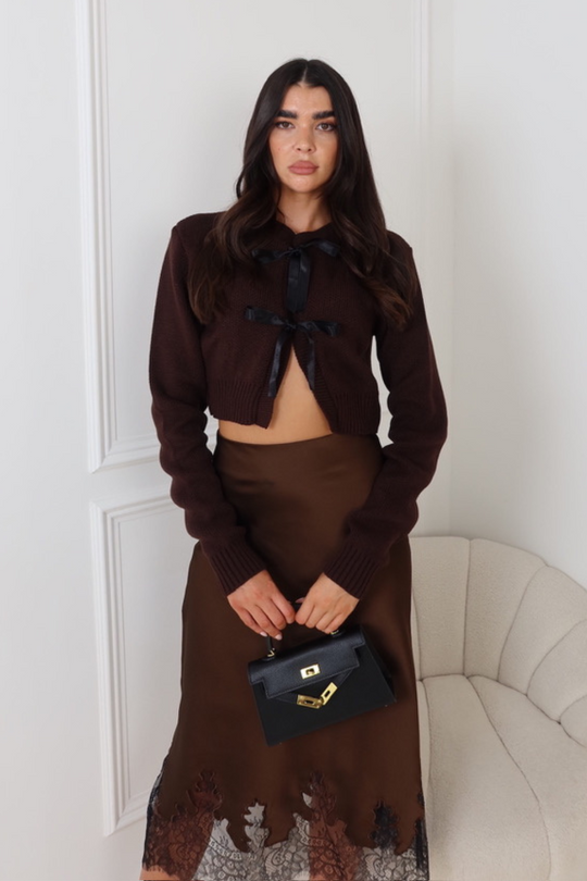 MILDA CHOCOLATE KNITTED SILK FASTENED CARDIGAN