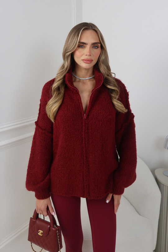 CHARLOTTE BURGUNDY  KNITTED ZIP UP JUMPER