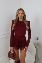 GEORGIA BURGUNDY SATIN LACE TRIM SHORTS