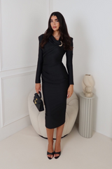 NIA BLACK LONG SHOULDER PADDED DRESS