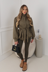 LUCINDER KHAKI BELTED PUFF SLEEVE HIGH NECK JACKET
