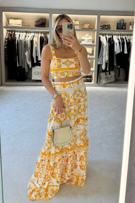 GABBI YELLOW FLORAL CROP TOP MAXI SKIRT CO ORD TWO PIECE SET