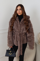 MARKIE TAUPE BELTED FAUX FUR HOODED COAT