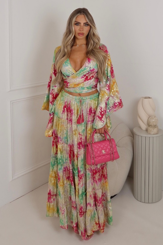 Tilly multi colour tie dye flared sleeve boho top & maxi skirt co ord
