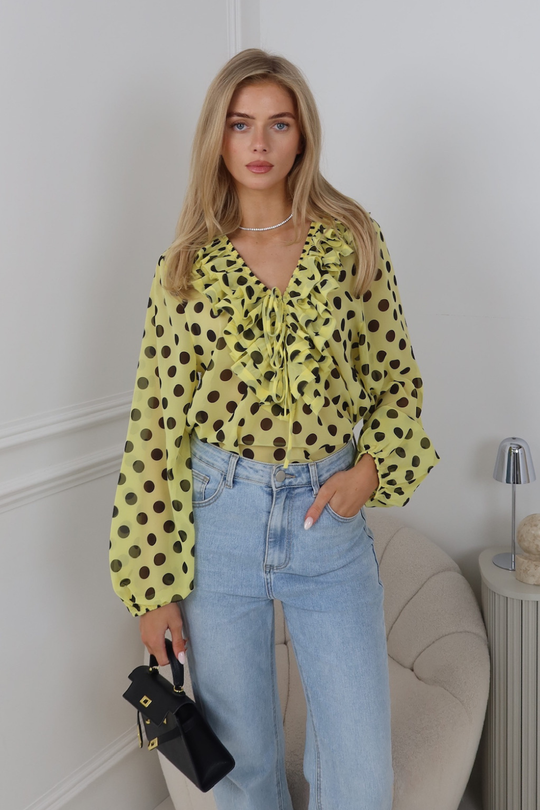 BEAU LEMON POLKA DOT RUFFLE EDGED TOP