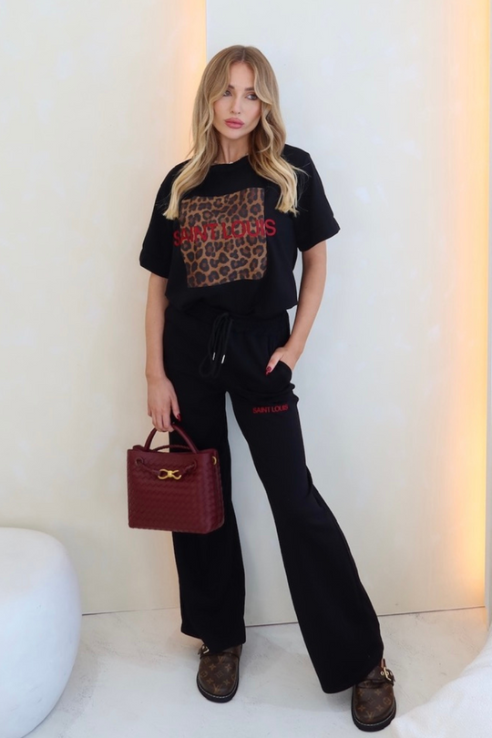 Saint Louis leopard red embroidered t-shirt straight leg jogger loungewear
