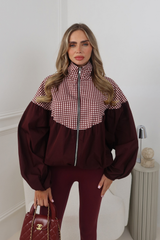 LILLIE BURGUNDY BALLOON SLEEVE CHECK JACKET