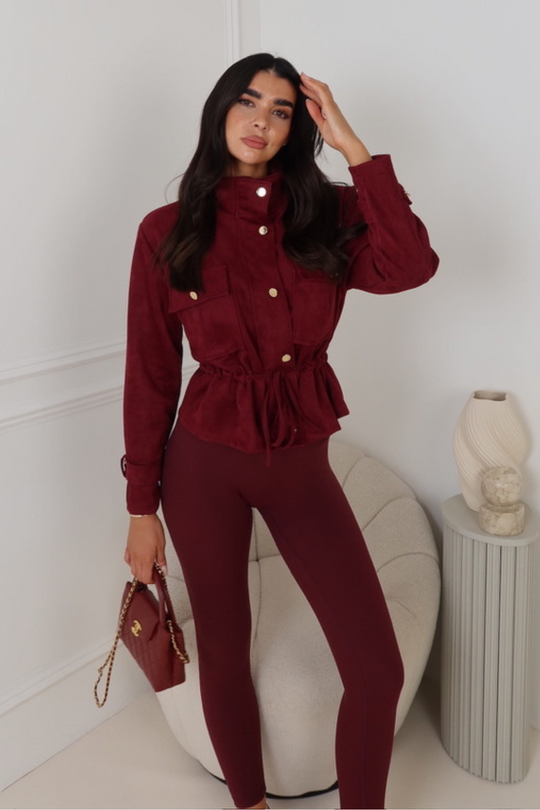 BETHANIE CHERRY RED DRAWSTRING FAUX SUEDE JACKET