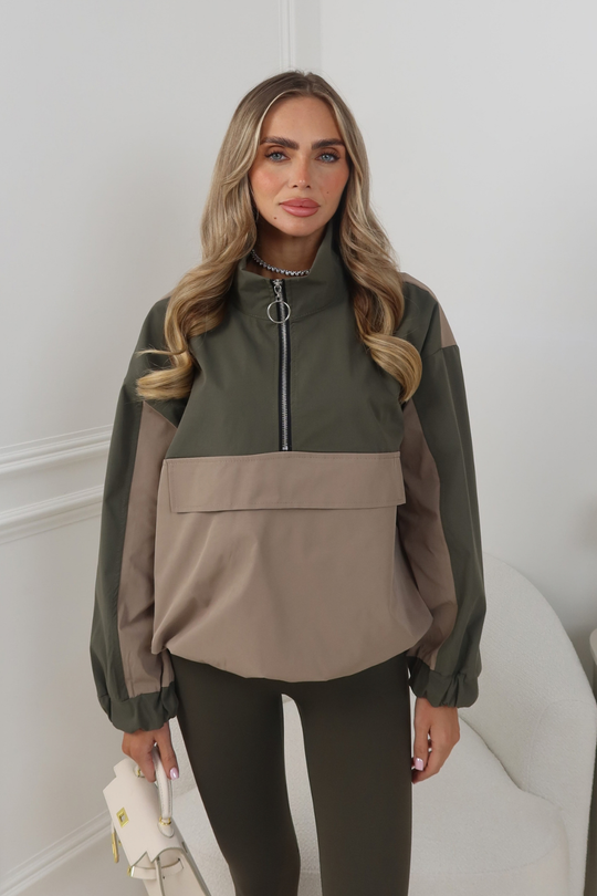 DEMI KHAKI TWO TONE QUARTER ZIP WINDBREAKER TOP