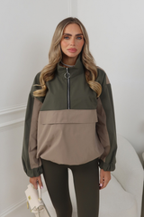 DEMI KHAKI TWO TONE QUARTER ZIP WINDBREAKER TOP