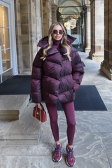 CARMILLA BURGUNDY HIGH COLLAR SHINE FINISH HOODED PUFFER COAT
