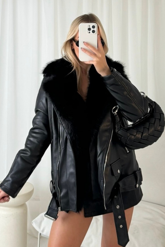 sammy black faux fur biker jacket