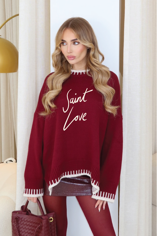Saint love embroidered burgundy knit jumper