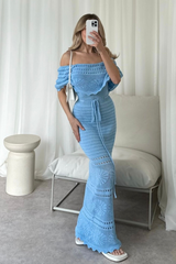 Amie blue crochet off shoulder maxi dress