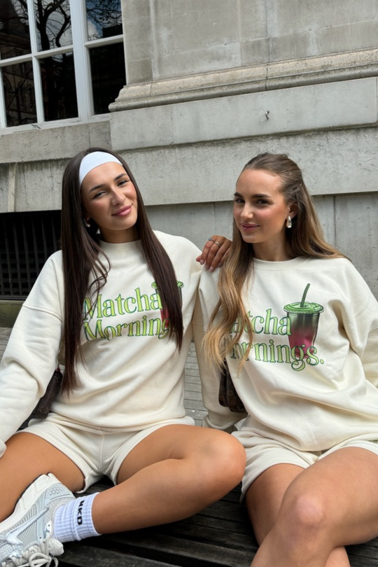 Matcha mornings ecru printed sweater shorts loungewear