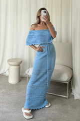 Amie blue crochet off shoulder maxi dress
