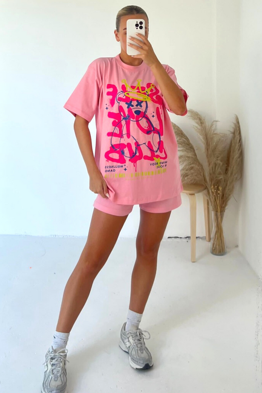 Self love club pink t-shirt and short co-ord