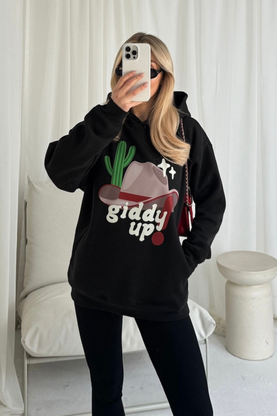 Giddy up black printed premium relaxed hoodie
