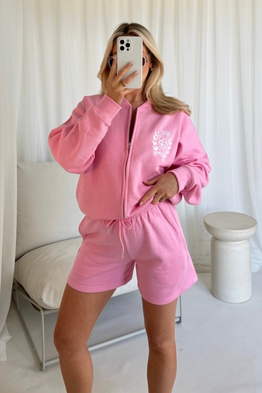 St moritz pink embroidered bomber jacket and shorts loungewear