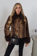 MARNIE BROWN DEER PRINT SHORT JACKET WITH FUR COLLAR AND CUFFS