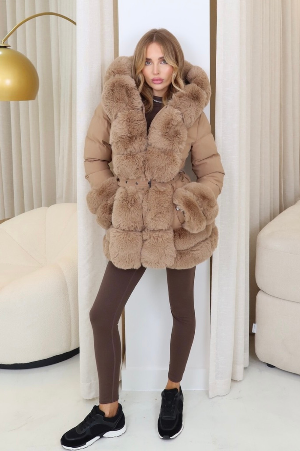 Orla camel faux fur hooded coat Glamify Famous For Loungewear