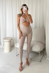 Alisha beige twist front detail jumpsuit