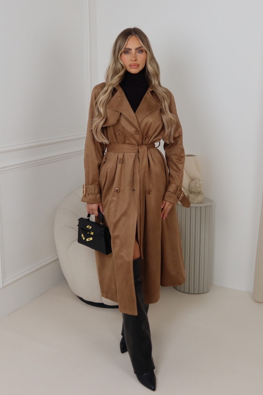Tessa camel faux suede trench coat