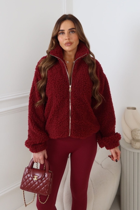 GENEVIEVE BURGUNDY GOLD ZIP WOOLY FLEECE