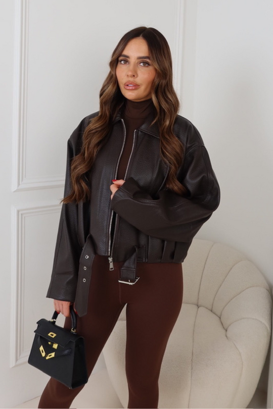 AISA CHOCOLATE FAUX LEATHER COLLAR ZIP JACKET