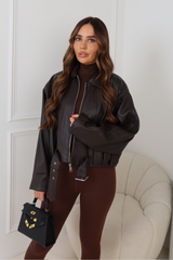 AISA CHOCOLATE FAUX LEATHER COLLAR ZIP JACKET