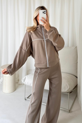 Erin mocha contrast piping zip sweater & trouser loungewear