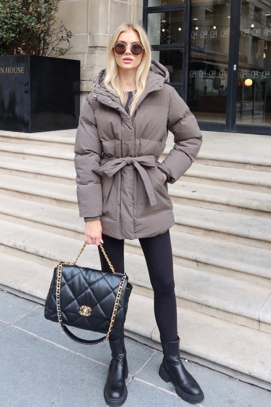 Naomi grey belted puffer coat