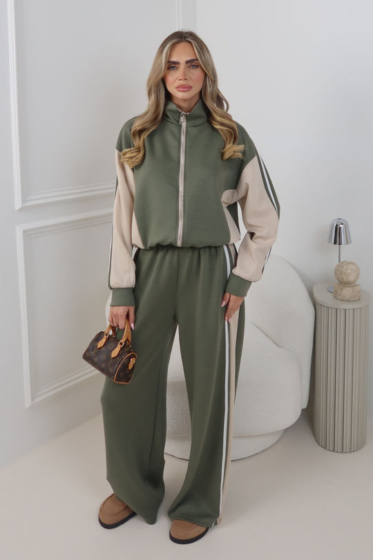 PIA KHAKI CONTRAST ZIP UP JACKET AND WIDE LEG JOGGER CO ORD