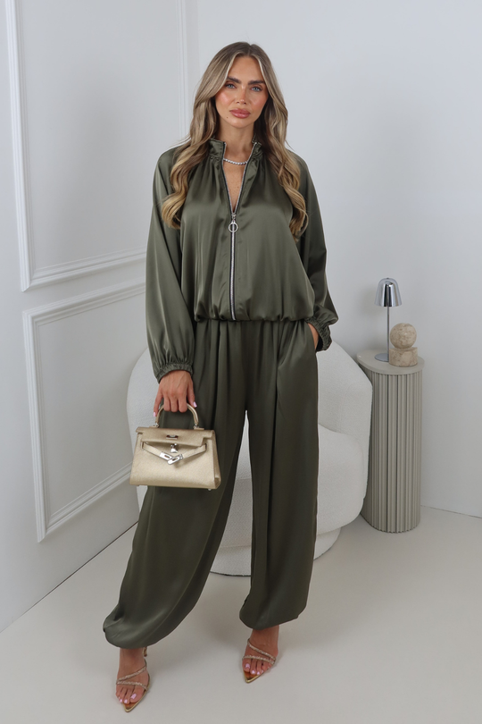 NESSA KHAKI SATIN BALLOON TROUSER AND ZIP UP JACKET CO ORD