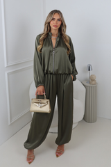 NESSA KHAKI SATIN BALLOON TROUSER AND ZIP UP JACKET CO ORD