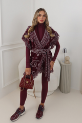 SHERLY BURGUNDY PAISLEY PRINT TIE WAIST CARDIGAN