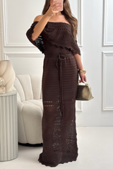 Amie chocolate brown crochet off shoulder maxi dress