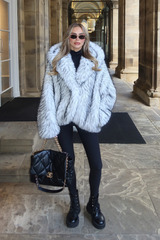 ARIELLE WHITE & BLACK SPECKLED HOODED FUR COAT