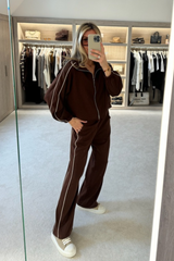 Lauren chocolate contrast piping zip jacket & trouser loungewear