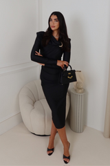 NIA BLACK LONG SHOULDER PADDED DRESS