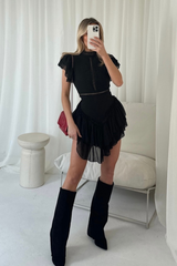 Carla black frill mini dress