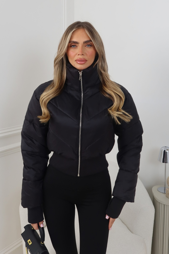 GRACE BLACK FITTED ZIP UP CROPPED PUFFER JACKET